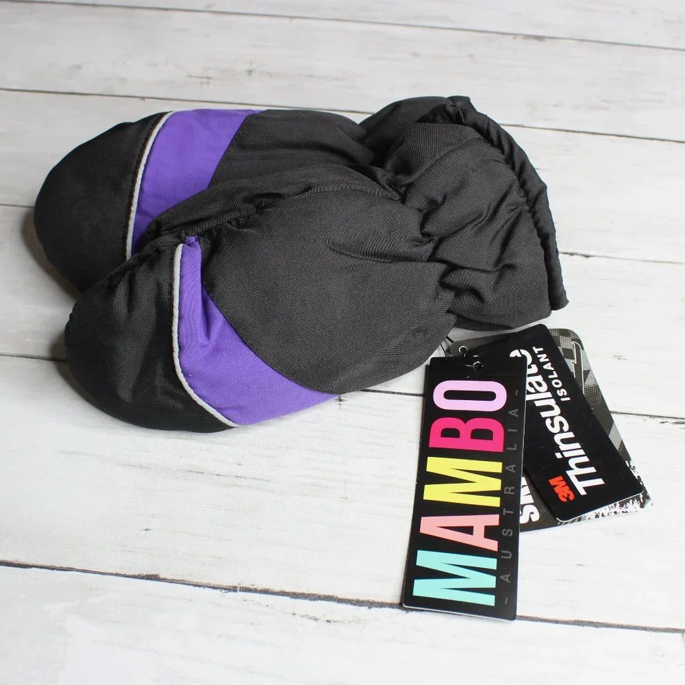 Mambo Girl Winter Ski Mittens Youth Size 7-10 Black Purple Fleece Lined